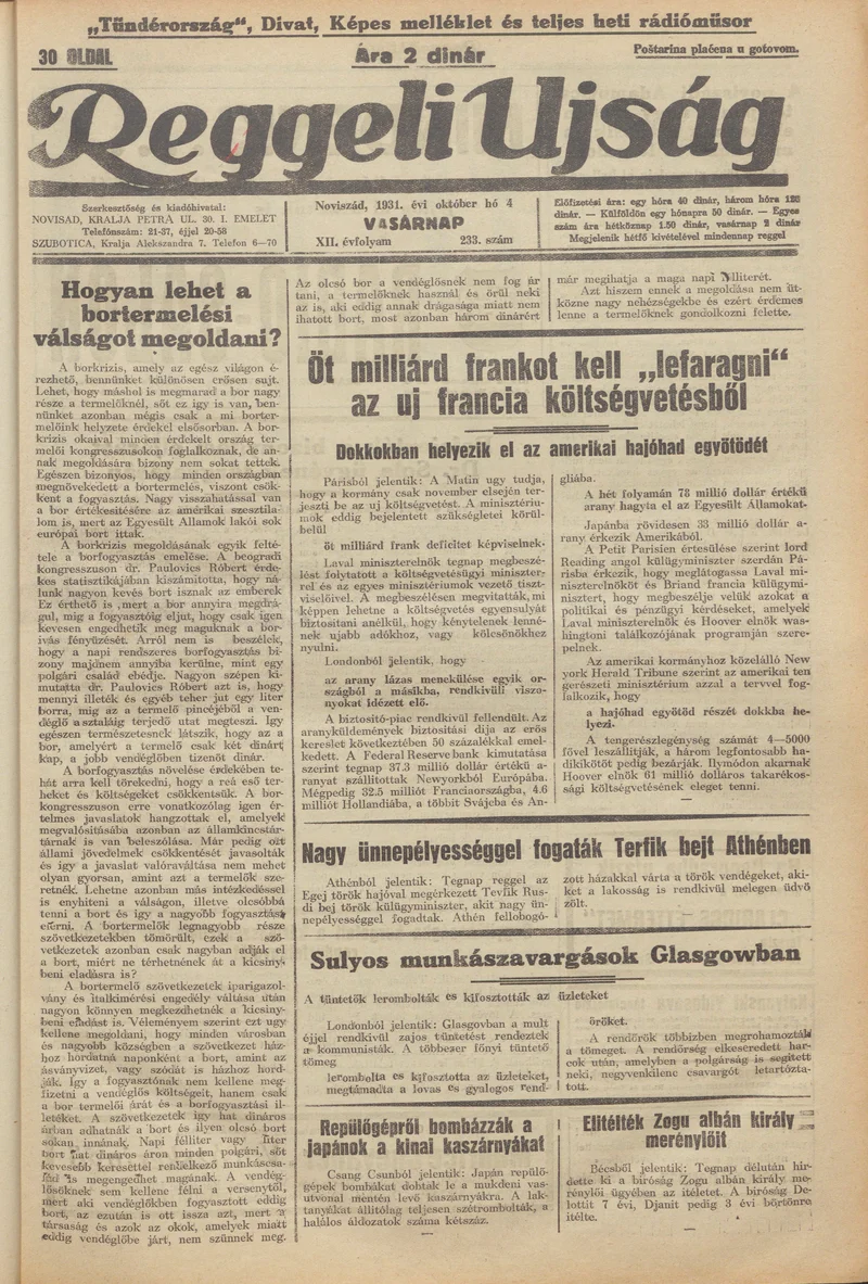 Reggeli Újság, 12. évf. 1931. október 4. 233. sz.