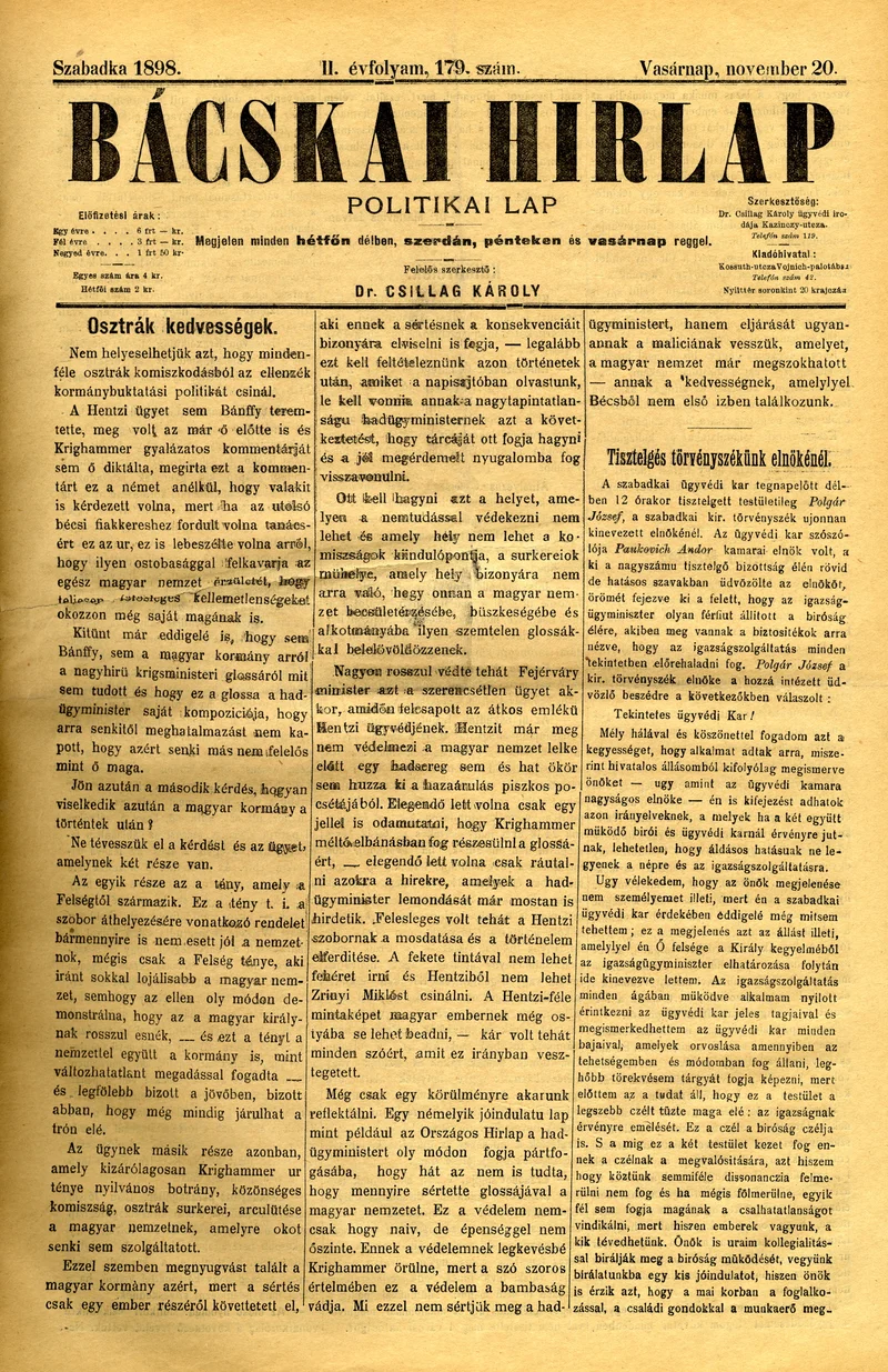 Bácskai Hirlap, 2. évf. 1898. november 20. 179. sz. 1–4. oldal