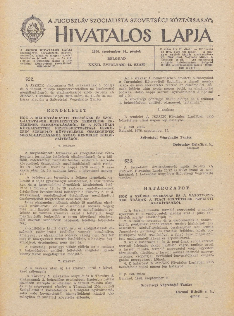 A Jugoszláv Szocialista Szövetségi Köztársaság Hivatalos Lapja, 32. évf. 1976. szeptember 24. 42. sz. 1273–1288. oldal