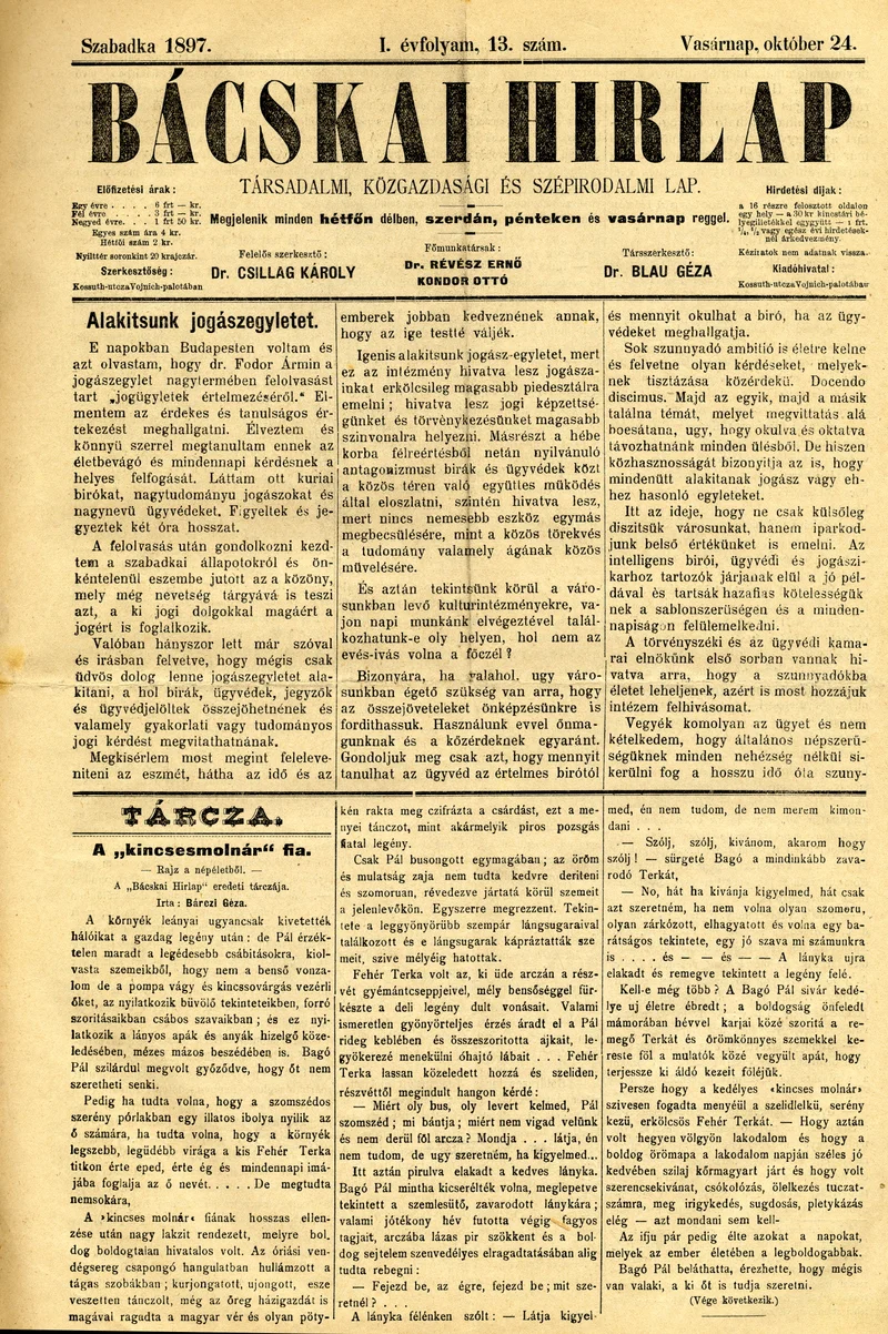 Bácskai Hirlap, 1. évf. 1897. október 24. 13. sz. 1–4. oldal