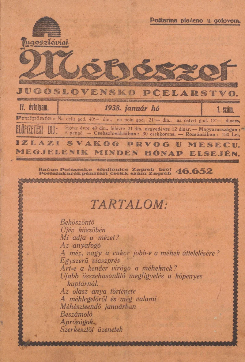 Jugoszláviai méhészet, 4. évf. 1938. január 1. 1. sz.