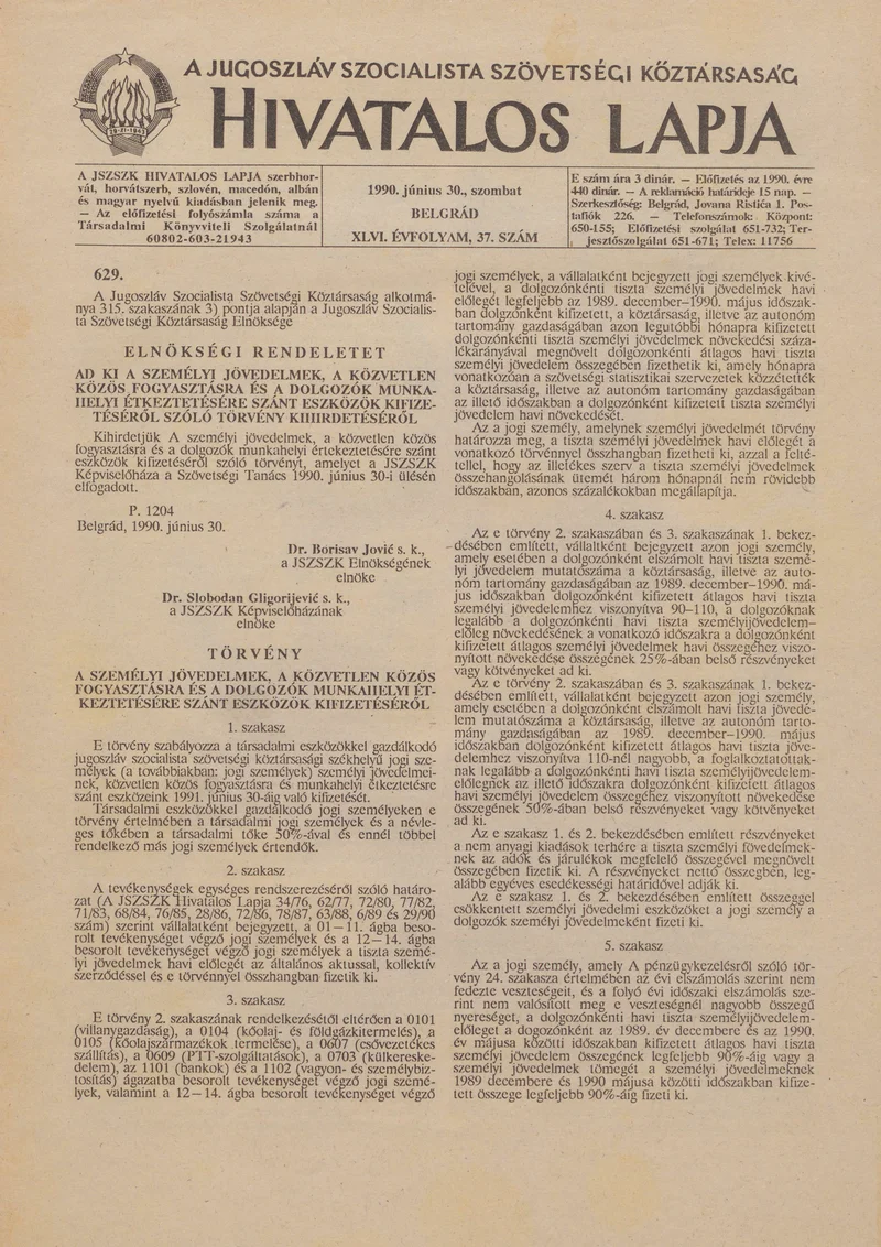A Jugoszláv Szocialista Szövetségi Köztársaság Hivatalos Lapja, 46. évf. 1990. június 30. 37. sz. 1209–1216. oldal