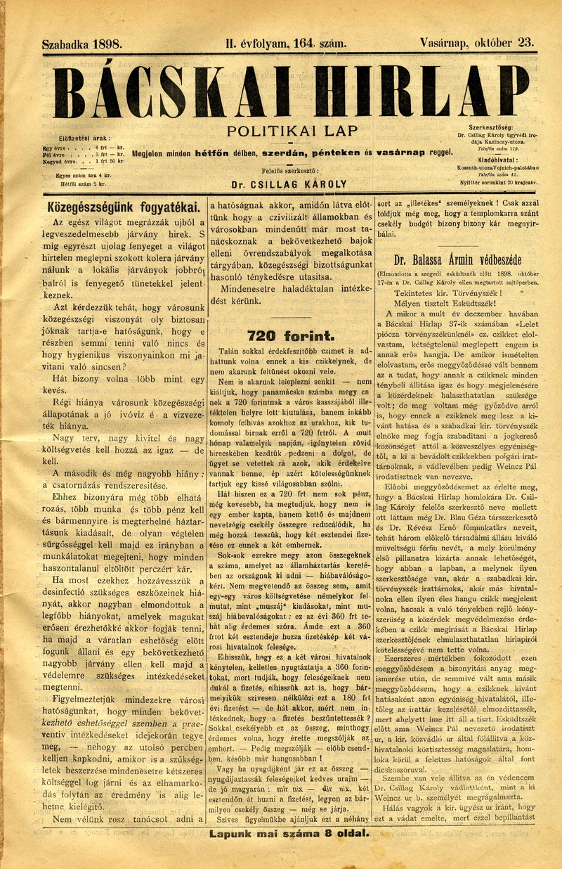 Bácskai Hirlap, 2. évf. 1898. október 23. 164. sz. 1–8. oldal