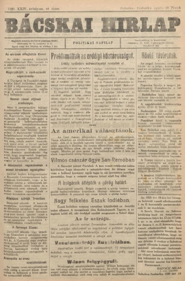 Bácskai Hirlap, 24. évf. 1920. április 23. 44. sz.