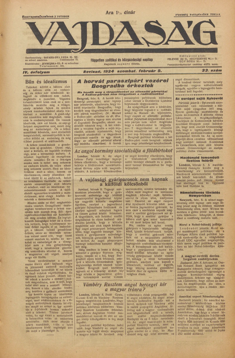 Vajdaság, 4. évf. 1924. február 9. 33. sz.