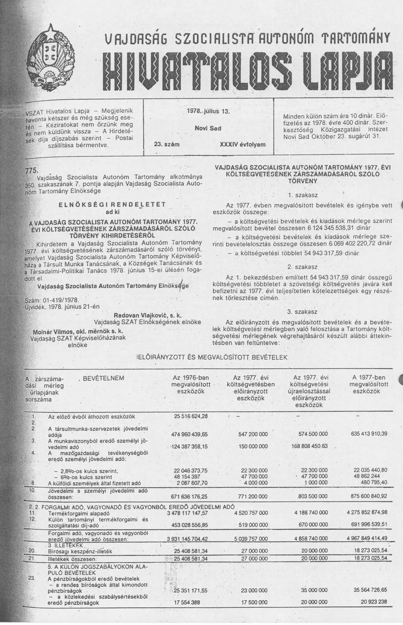 Vajdaság Szocialista Autonóm Tartomány Hivatalos Lapja, 34. évf. 1978. július 13. 23. sz. 957–992. oldal