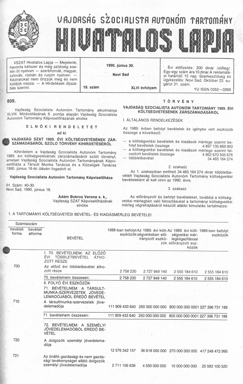 Vajdaság Szocialista Autonóm Tartomány Hivatalos Lapja, 46. évf. 1990. június 30. 19. sz.