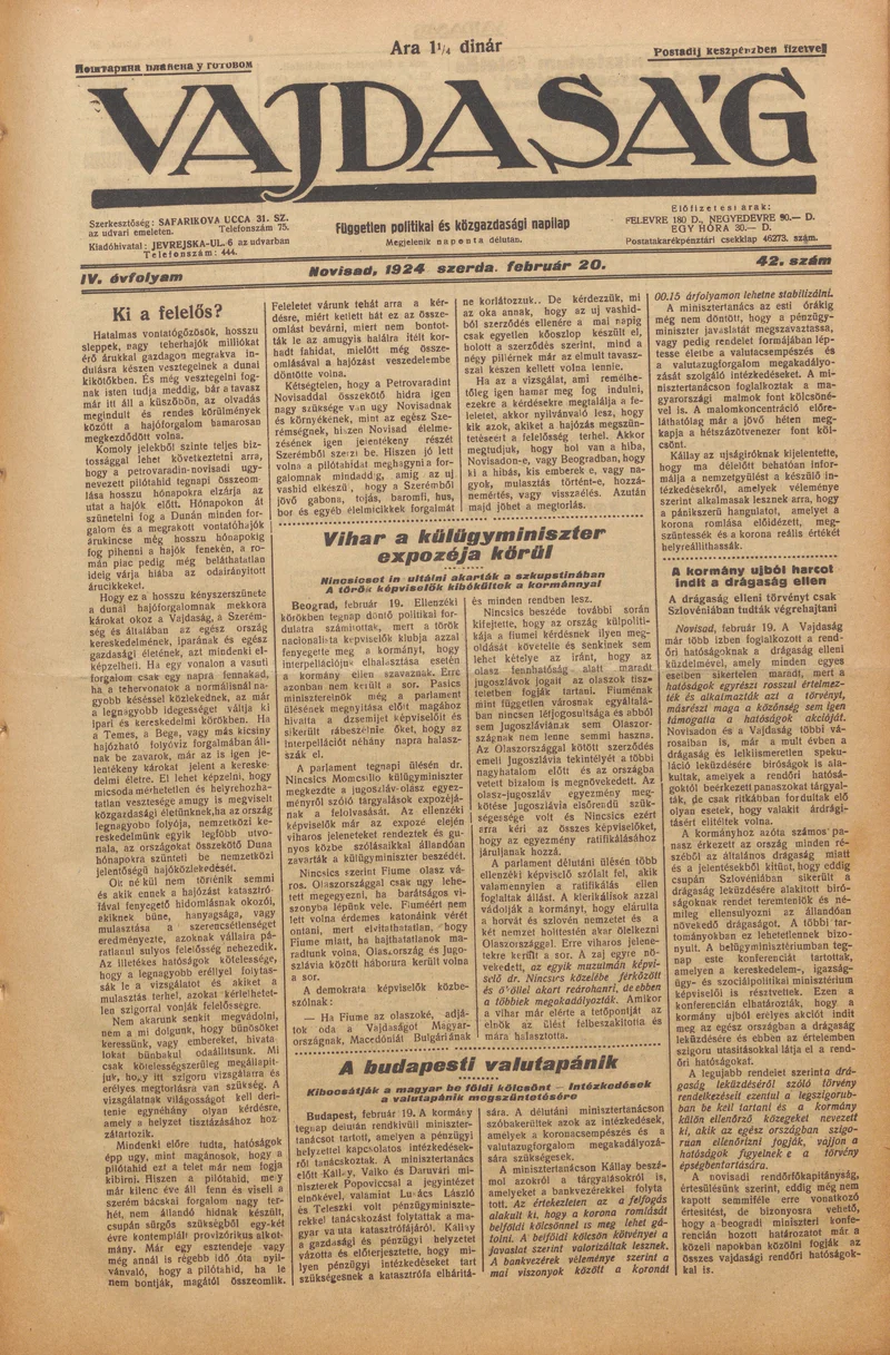 Vajdaság, 4. évf. 1924. február 20. 42. sz.