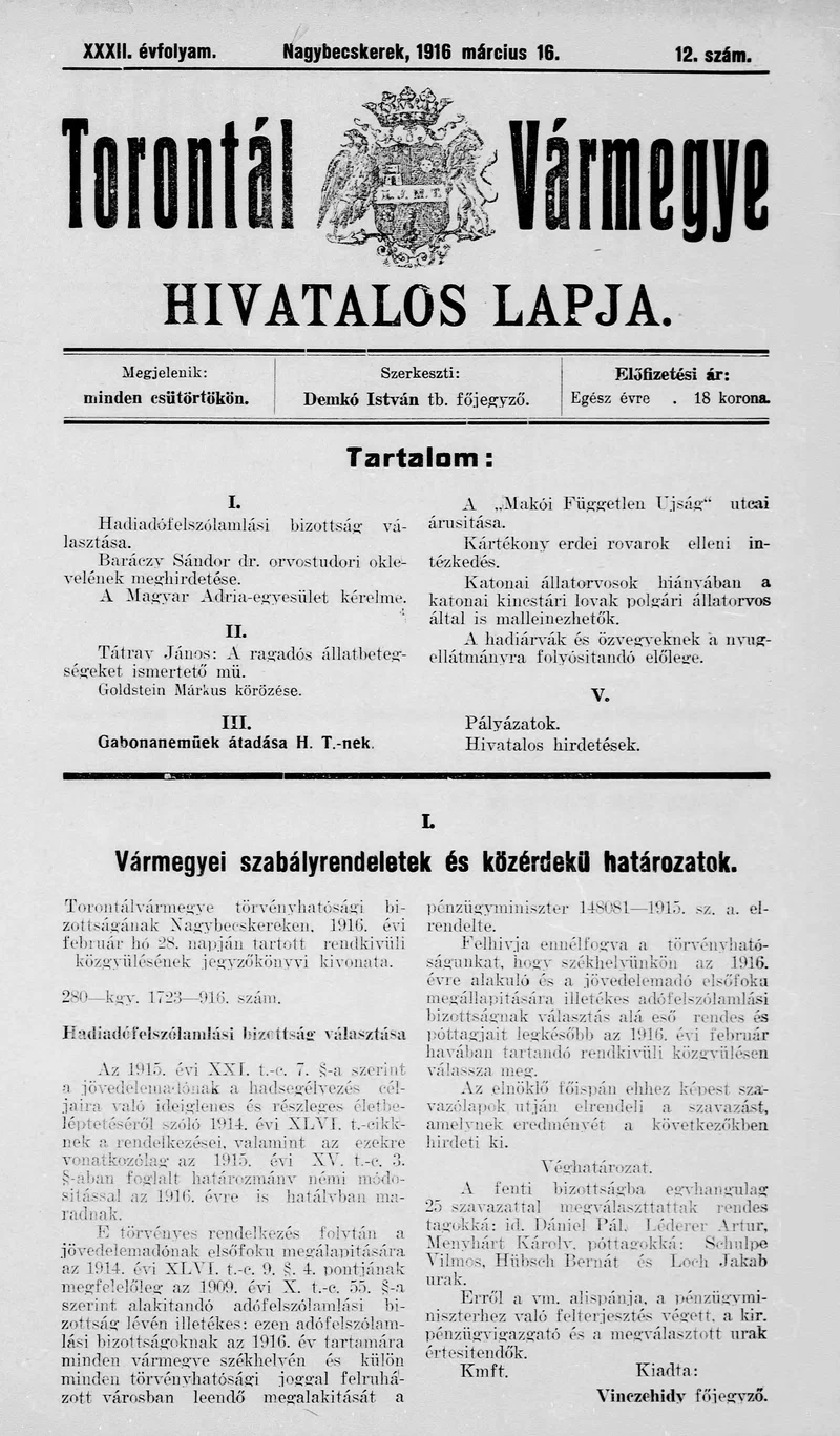 Torontál Vármegye Hivatalos Lapja, 32. évf. 1916. március 16. 12. sz.