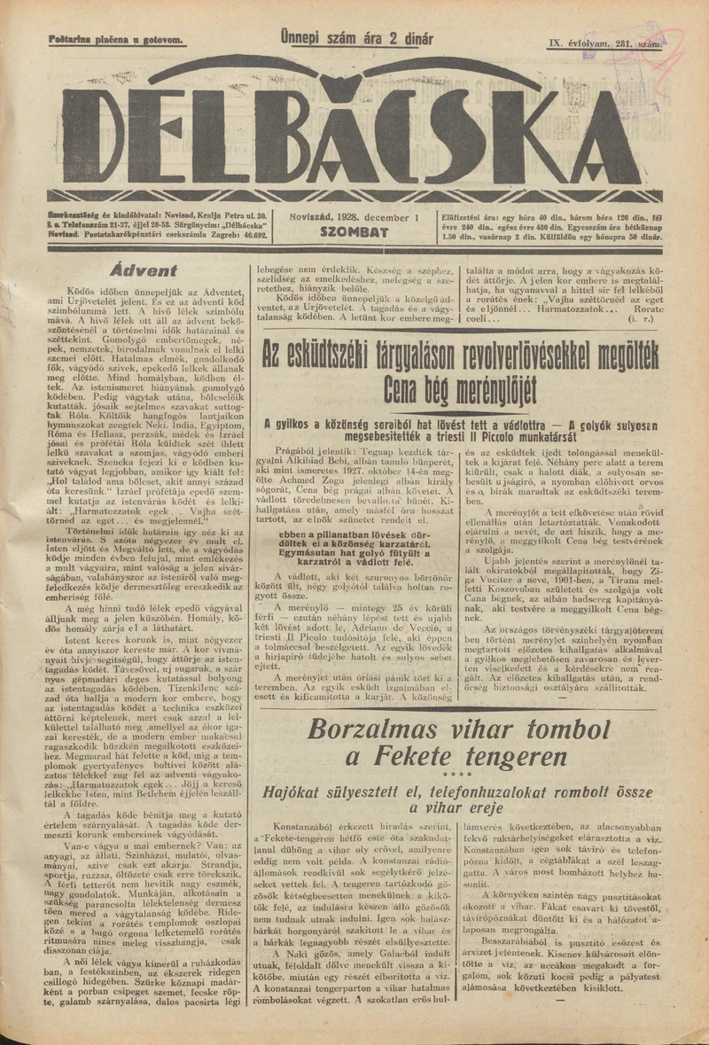 Délbácska, 9. évf. 1928. december 1. 281. sz.