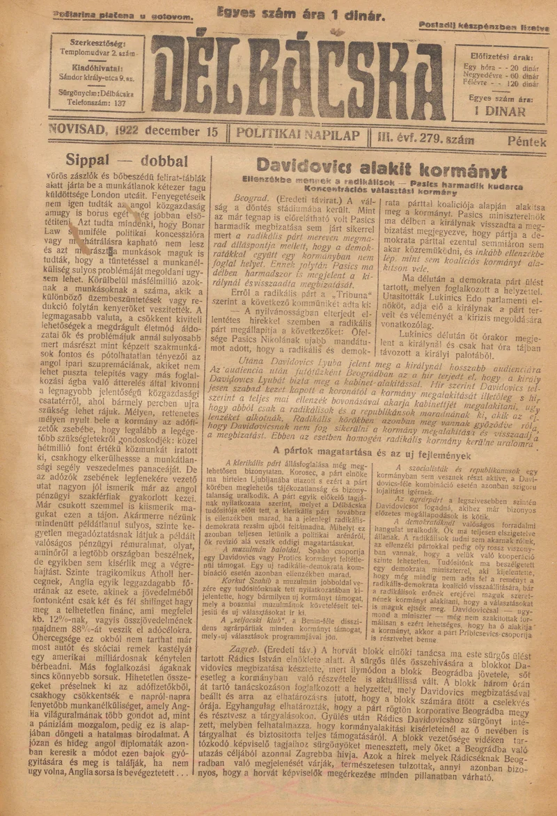 Délbácska, 3. évf. 1922. december 15. 279. sz.