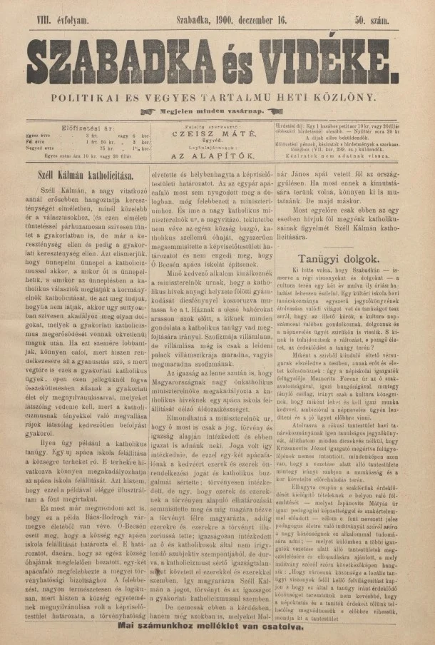 Szabadka és vidéke II, 8. évf. 1900. december 16. 50. sz.