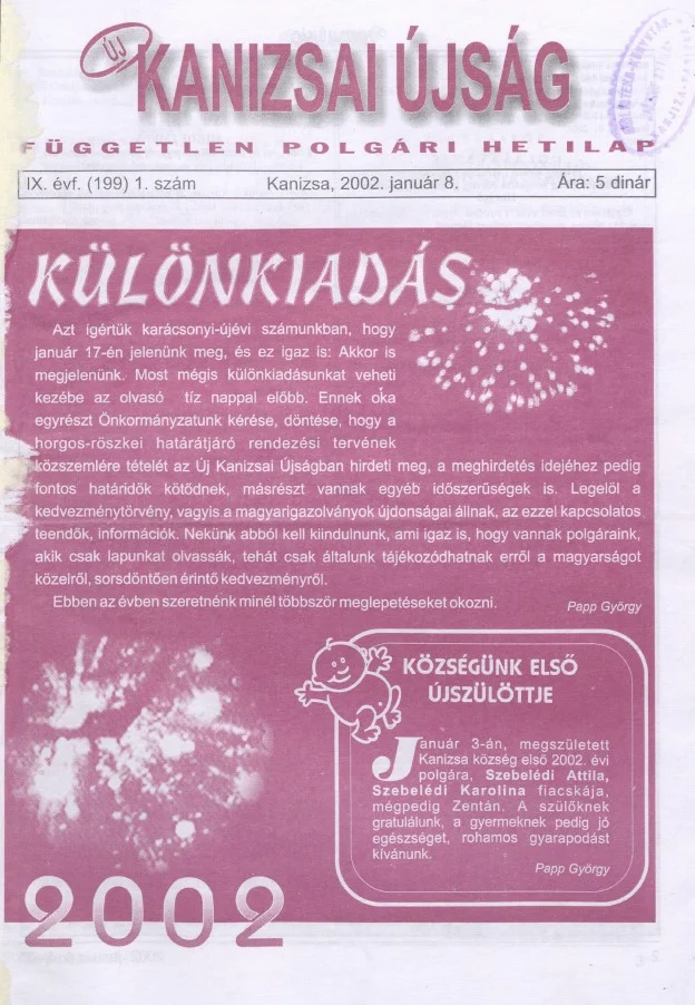 Új Kanizsai Újság, 9. évf. 2002. január 8. 1. sz.
