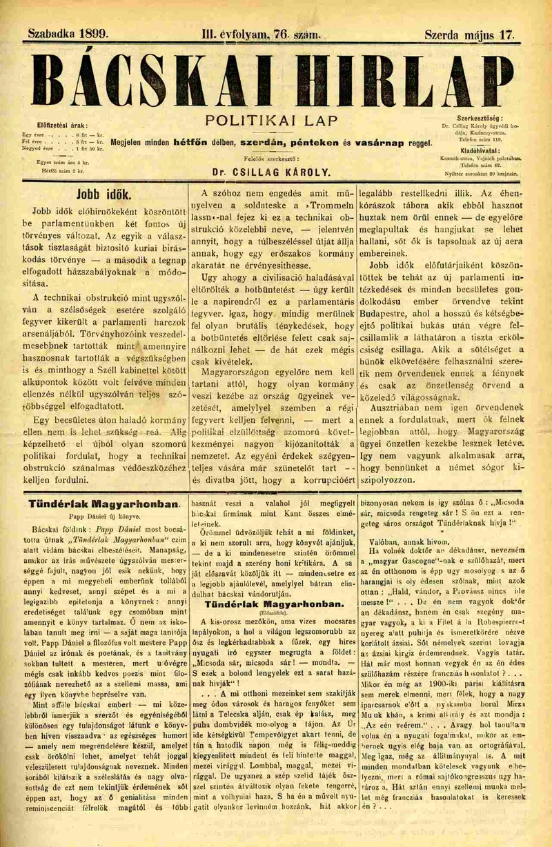 Bácskai Hirlap, 3. évf. 1899. május 17. 76. sz.
