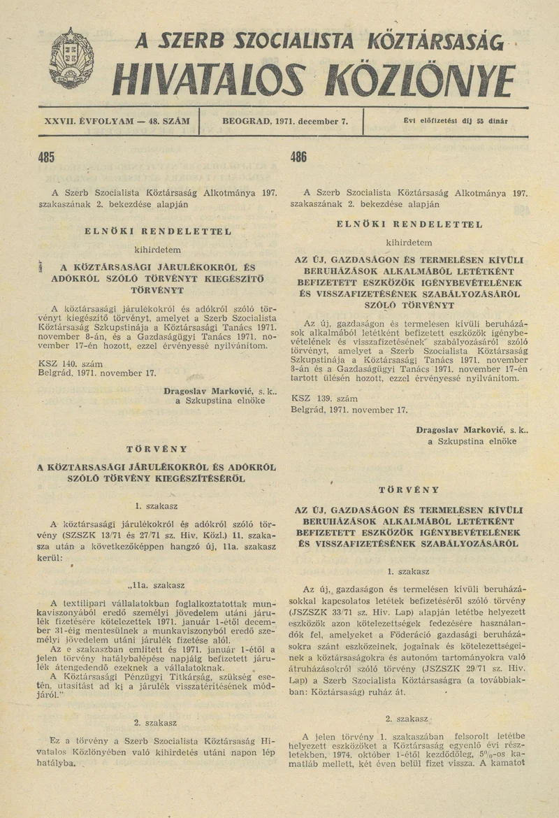 A Szerb Szocialista Köztársaság Hivatalos Közlönye, 27. évf. 1971. december 7. 48. sz. 1105–1112. oldal