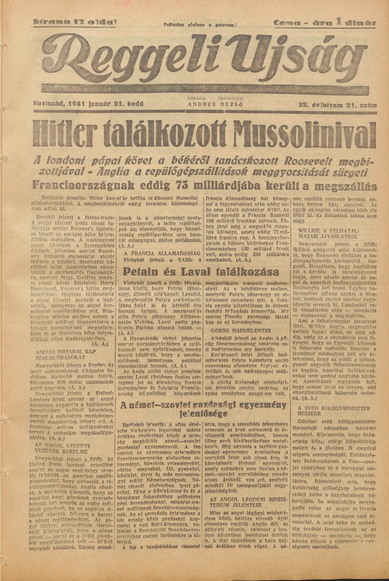 Reggeli Újság, 22. évf. 1941. január 21. 21. sz.