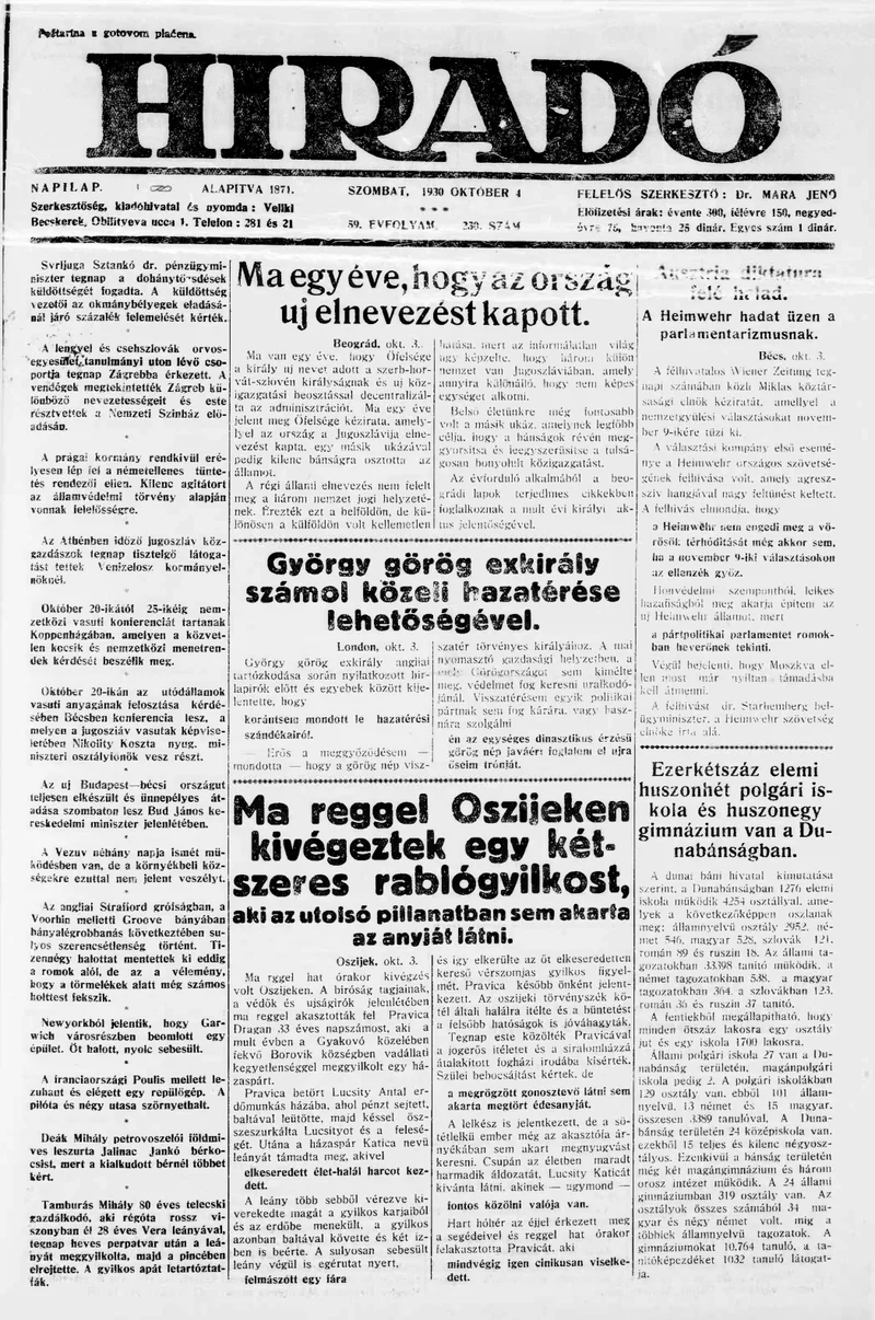 Híradó, 59. évf. 1930. október 4. 230. sz.
