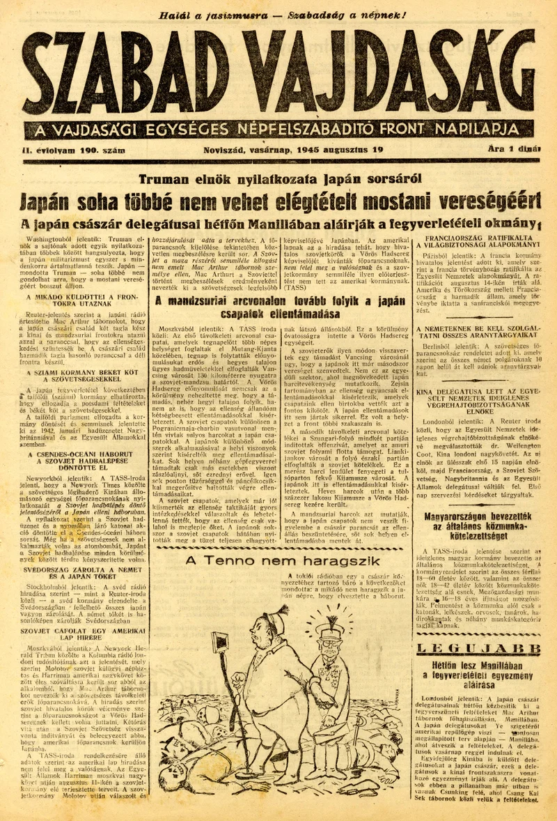Szabad Vajdaság, 2. évf. 1945. augusztus 19. 190. sz.