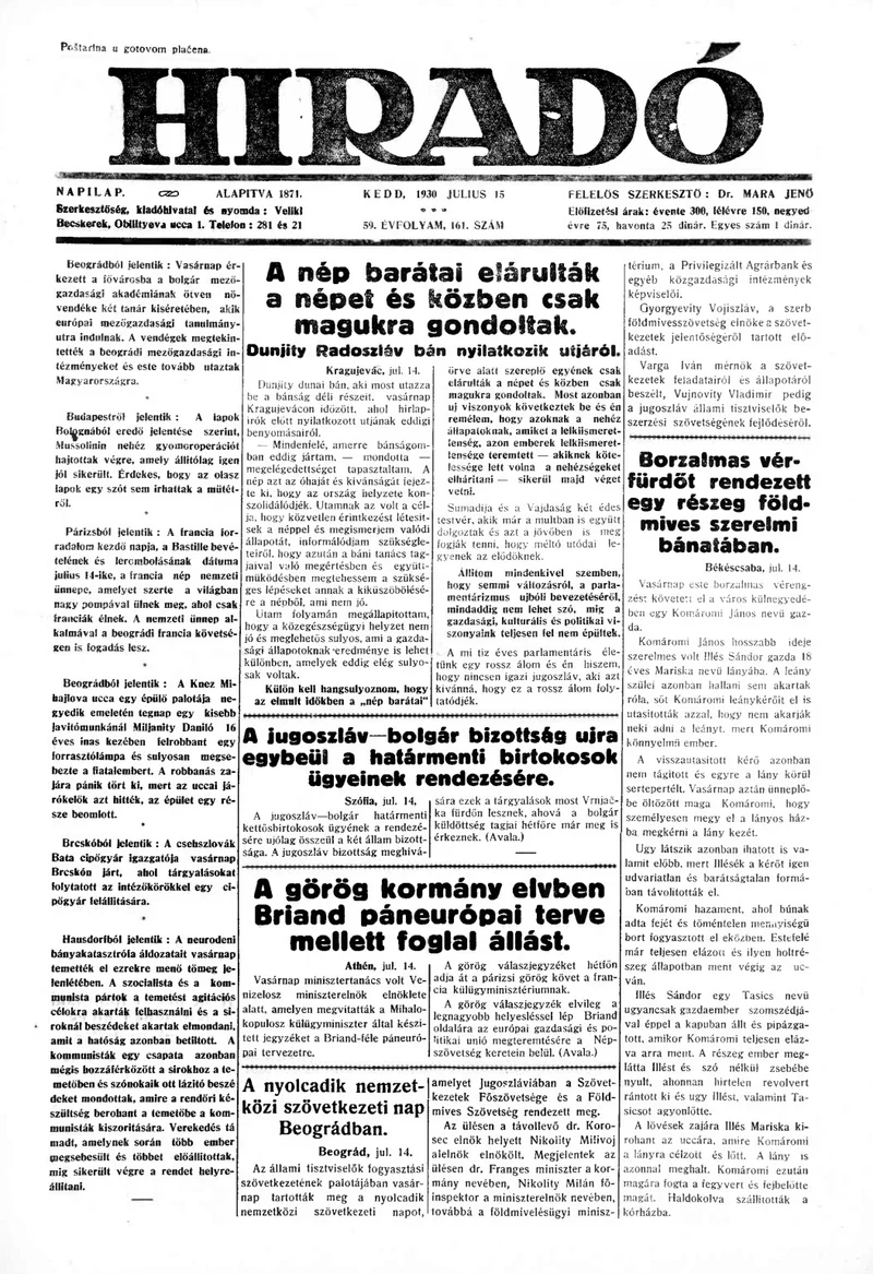 Híradó, 59. évf. 1930. július 15. 161. sz.