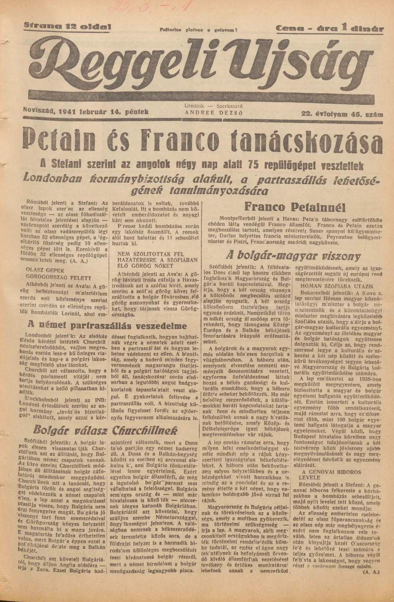 Reggeli Újság, 22. évf. 1941. február 14. 45. sz.