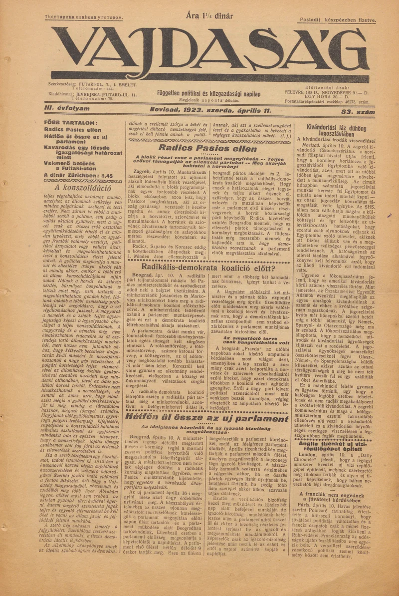Vajdaság, 3. évf. 1923. április 11. 83. sz.