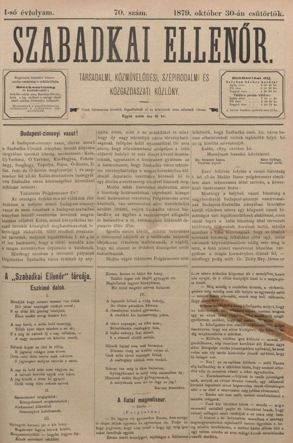 Szabadkai Ellenőr, 1. évf. 1879. október 30. 70. sz.