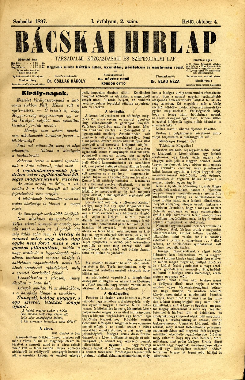 Bácskai Hirlap, 1. évf. 1897. október 4. 2. sz. 1–2. oldal
