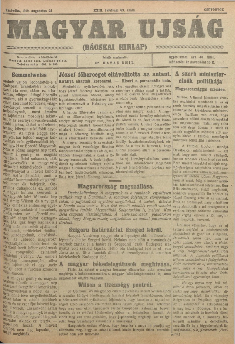 Bácskai Hirlap, 23. évf. 1919. augusztus 28. 63. sz.