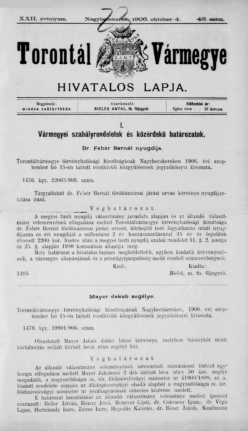 Torontál Vármegye Hivatalos Lapja, 22. évf. 1906. október 4. 48. sz.