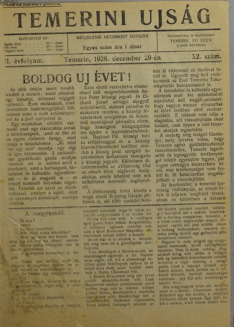 Temerini Újság 1928-1944, 2. évf. 1929. december 29. 52. sz.