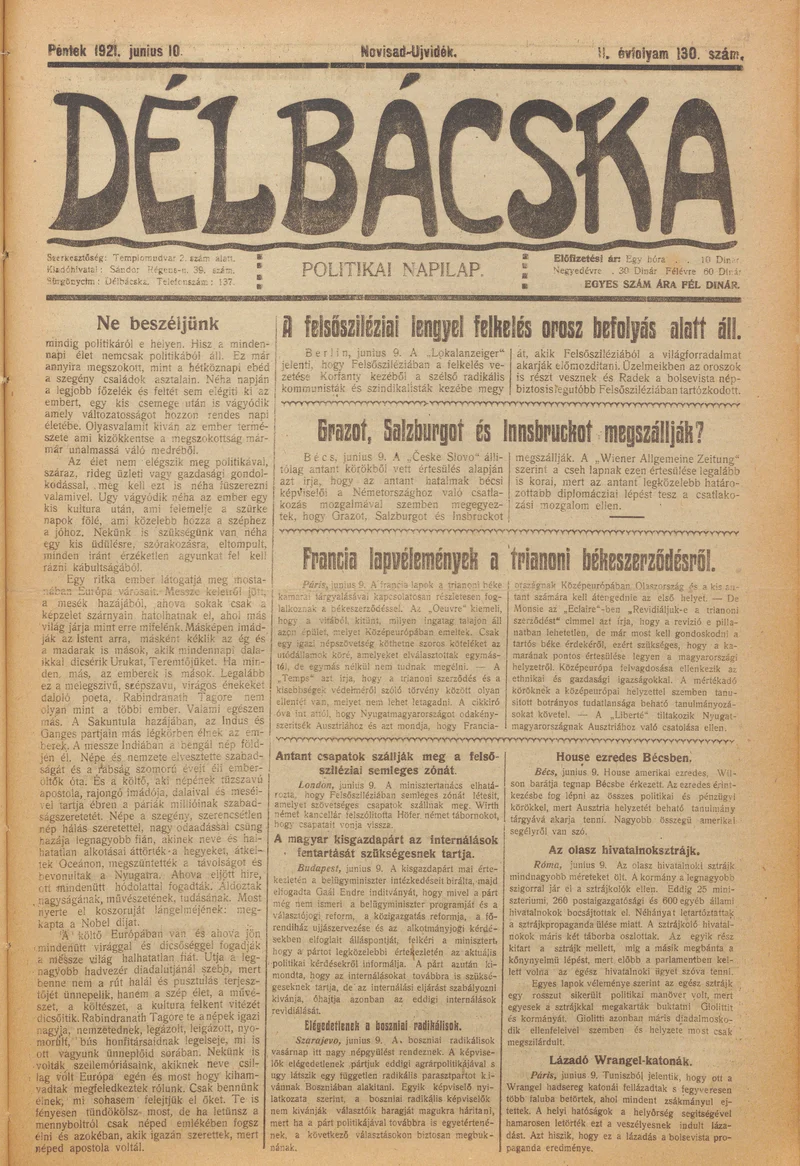 Délbácska, 2. évf. 1921. június 10. 130. sz.