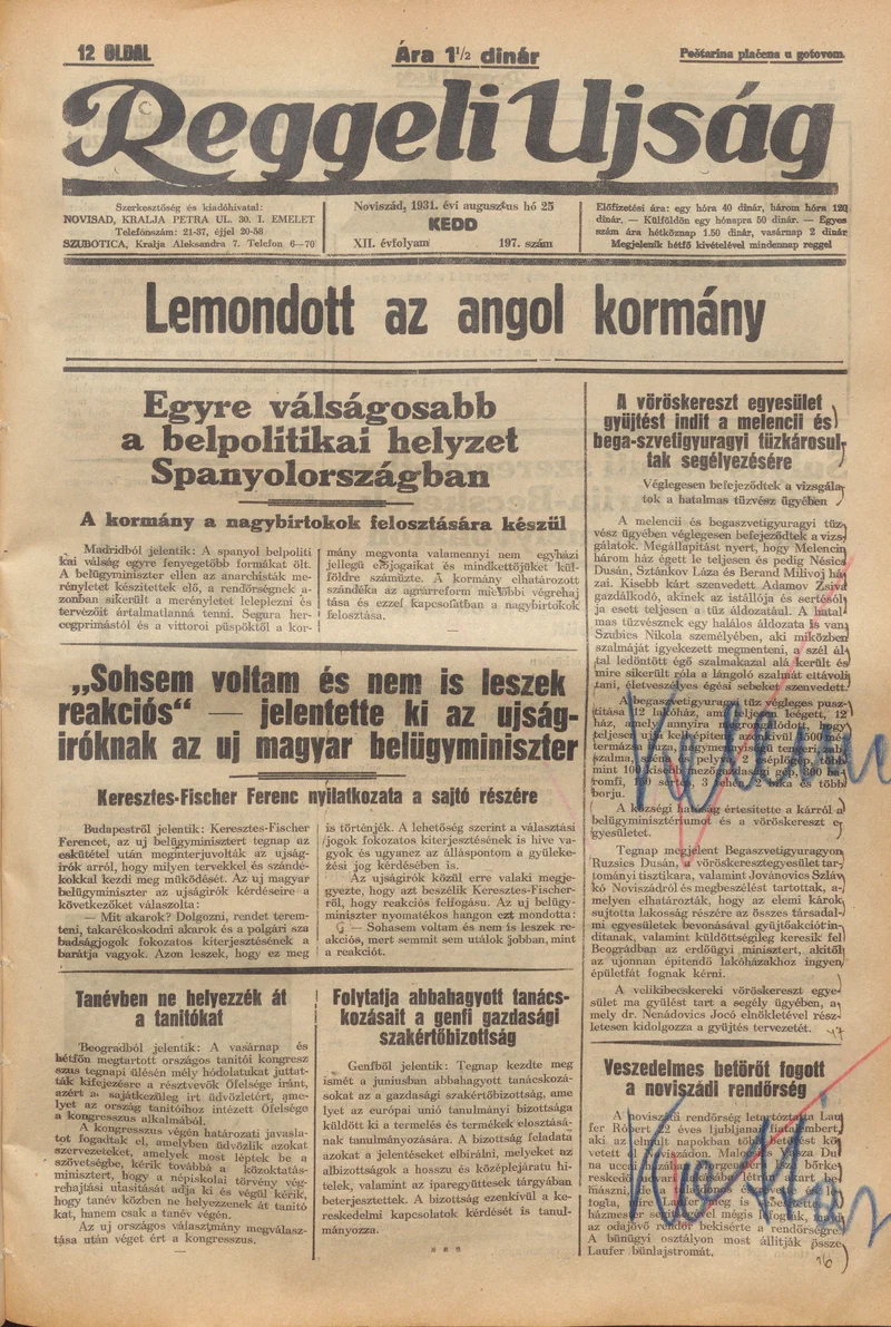 Reggeli Újság, 12. évf. 1931. augusztus 25. 197. sz.