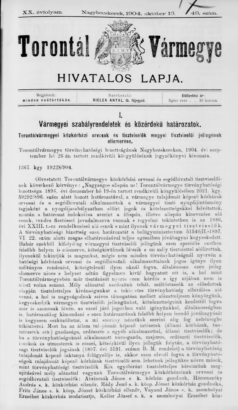 Torontál Vármegye Hivatalos Lapja, 20. évf. 1904. október 13. 49. sz.