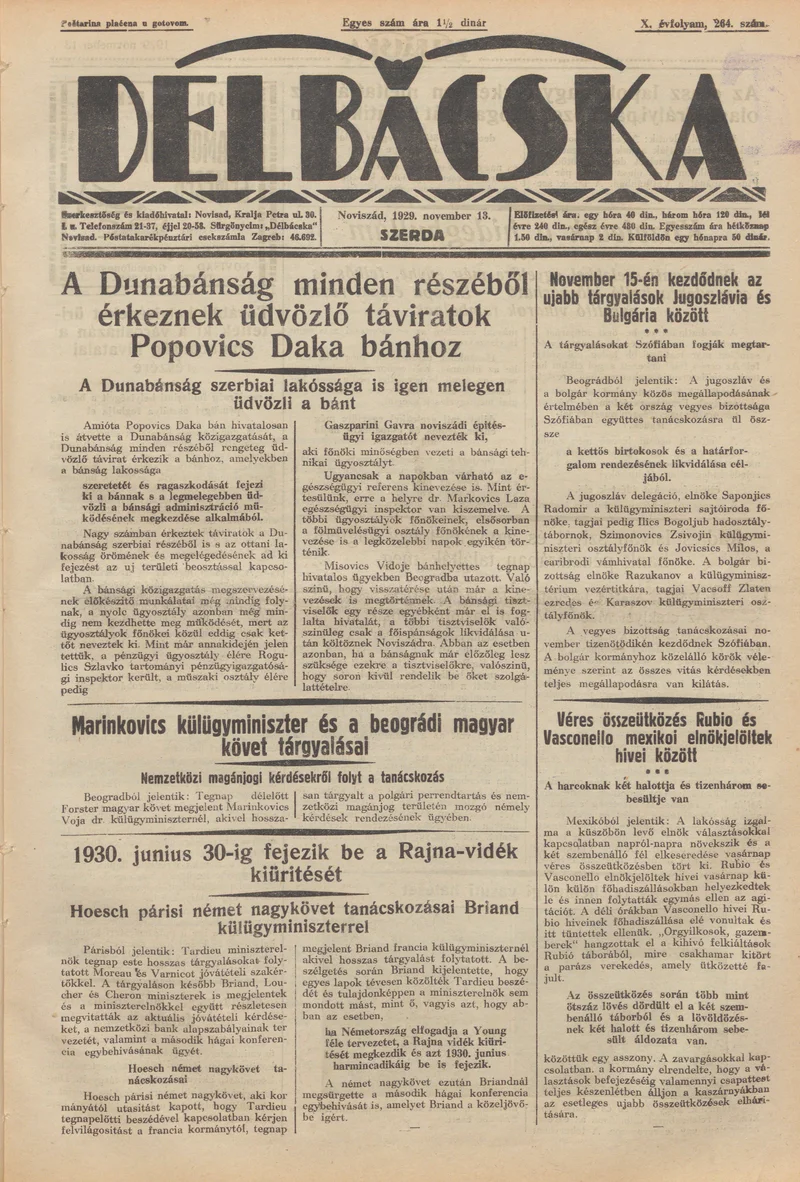Délbácska, 10. évf. 1929. november 13. 264. sz.