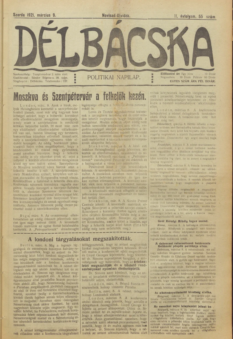 Délbácska, 2. évf. 1921. március 9. 55. sz.