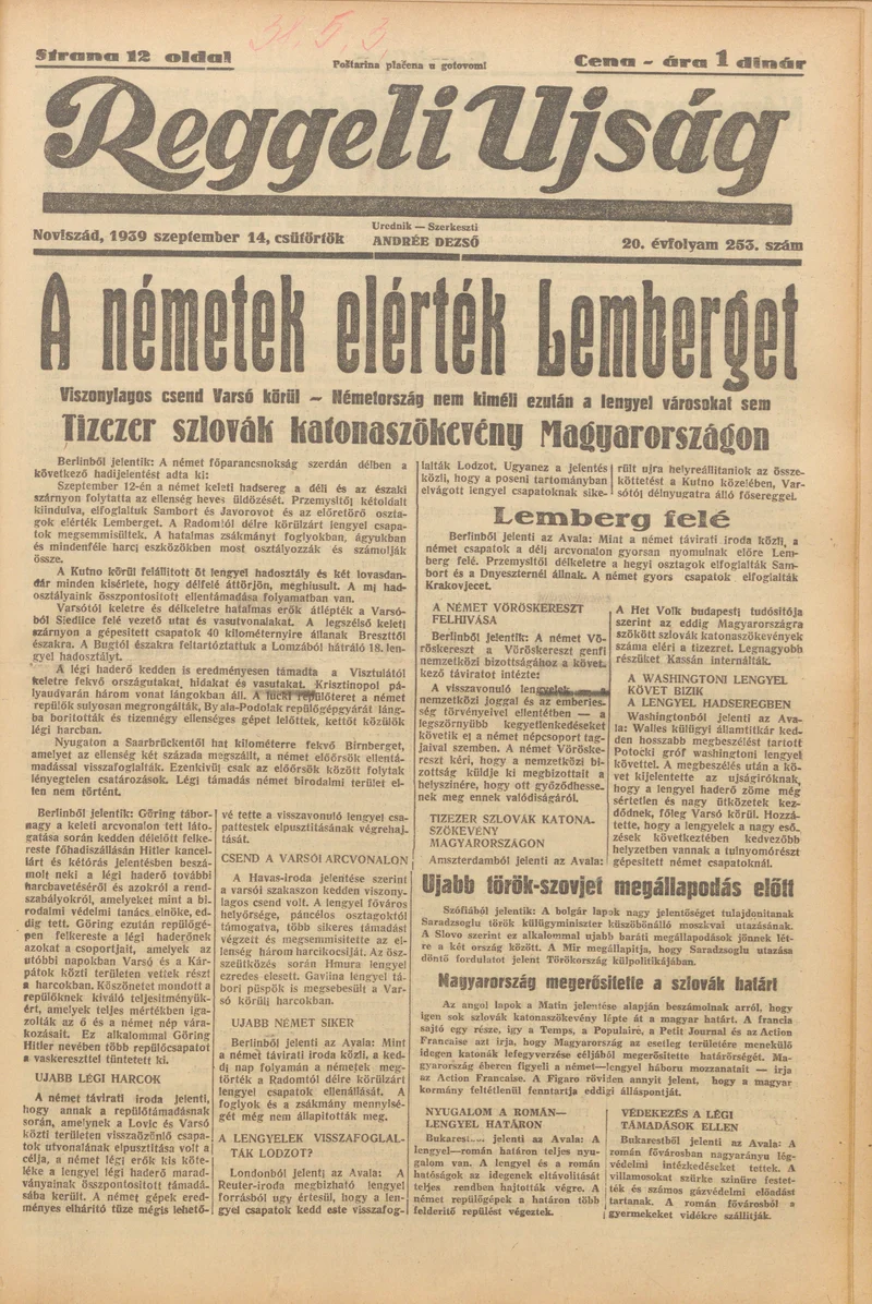 Reggeli Újság, 20. évf. 1939. szeptember 14. 253. sz.