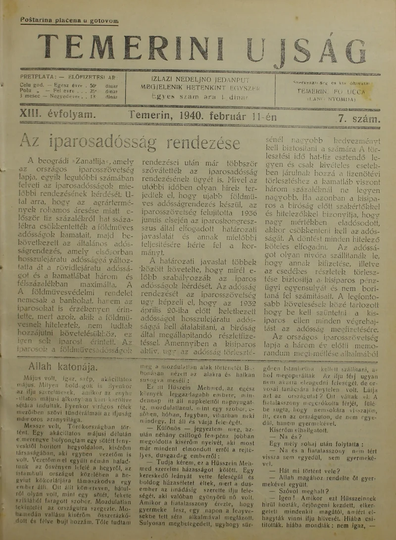 Temerini Újság 1928-1944, 13. évf. 1940. február 11. 7. sz.