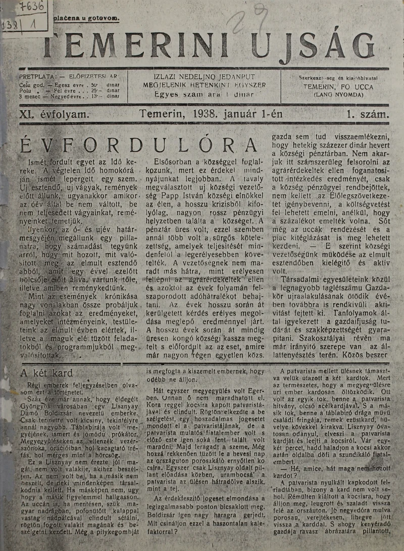 Temerini Újság 1928-1944, 11. évf. 1938. január 1. 1. sz.