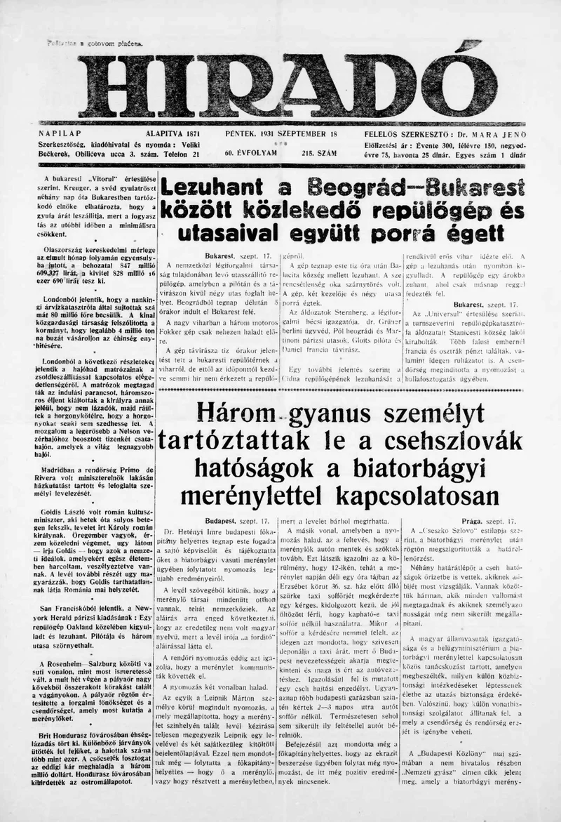 Híradó, 60. évf. 1931. szeptember 18. 215. sz.