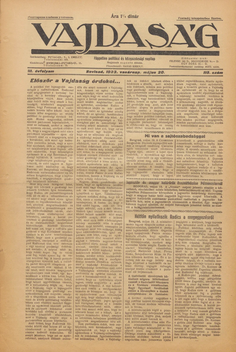Vajdaság, 3. évf. 1923. május 20. 115. sz.
