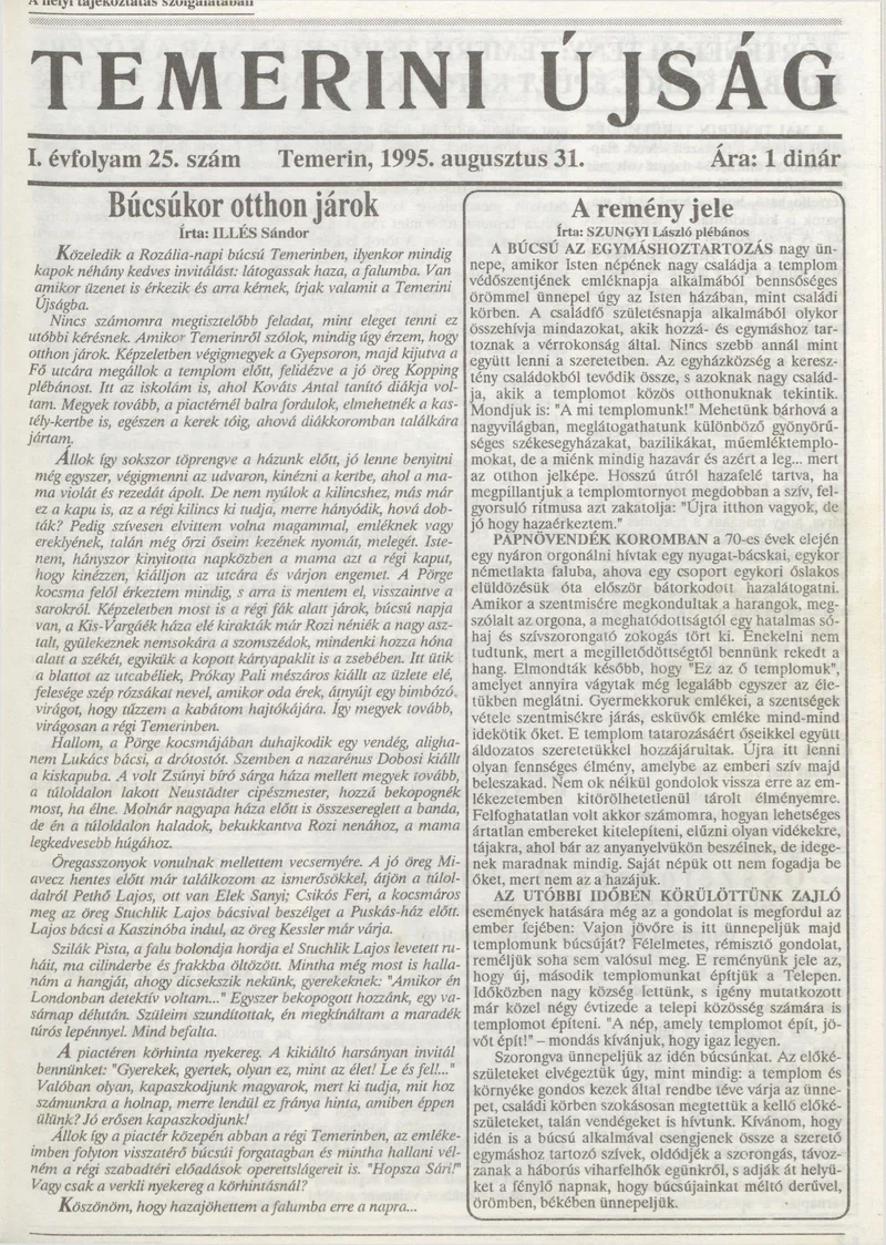 Temerini Újság, 1. évf. 1995. augusztus 31. 25. sz.
