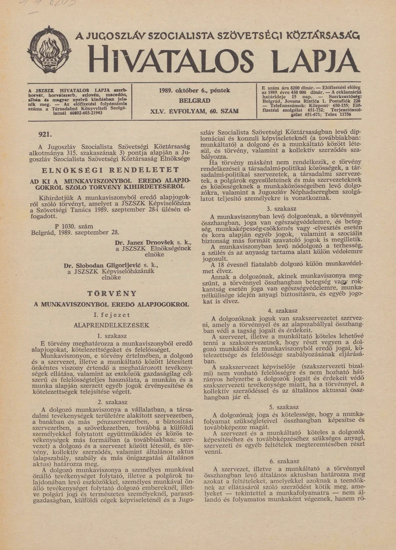 A Jugoszláv Szocialista Szövetségi Köztársaság Hivatalos Lapja, 45. évf. 1989. október 6. 60. sz. 1469–1492. oldal
