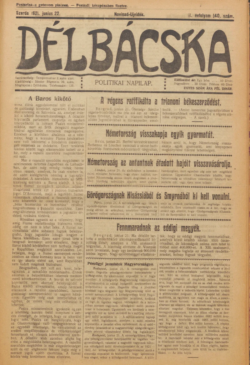 Délbácska, 2. évf. 1921. június 22. 140. sz.