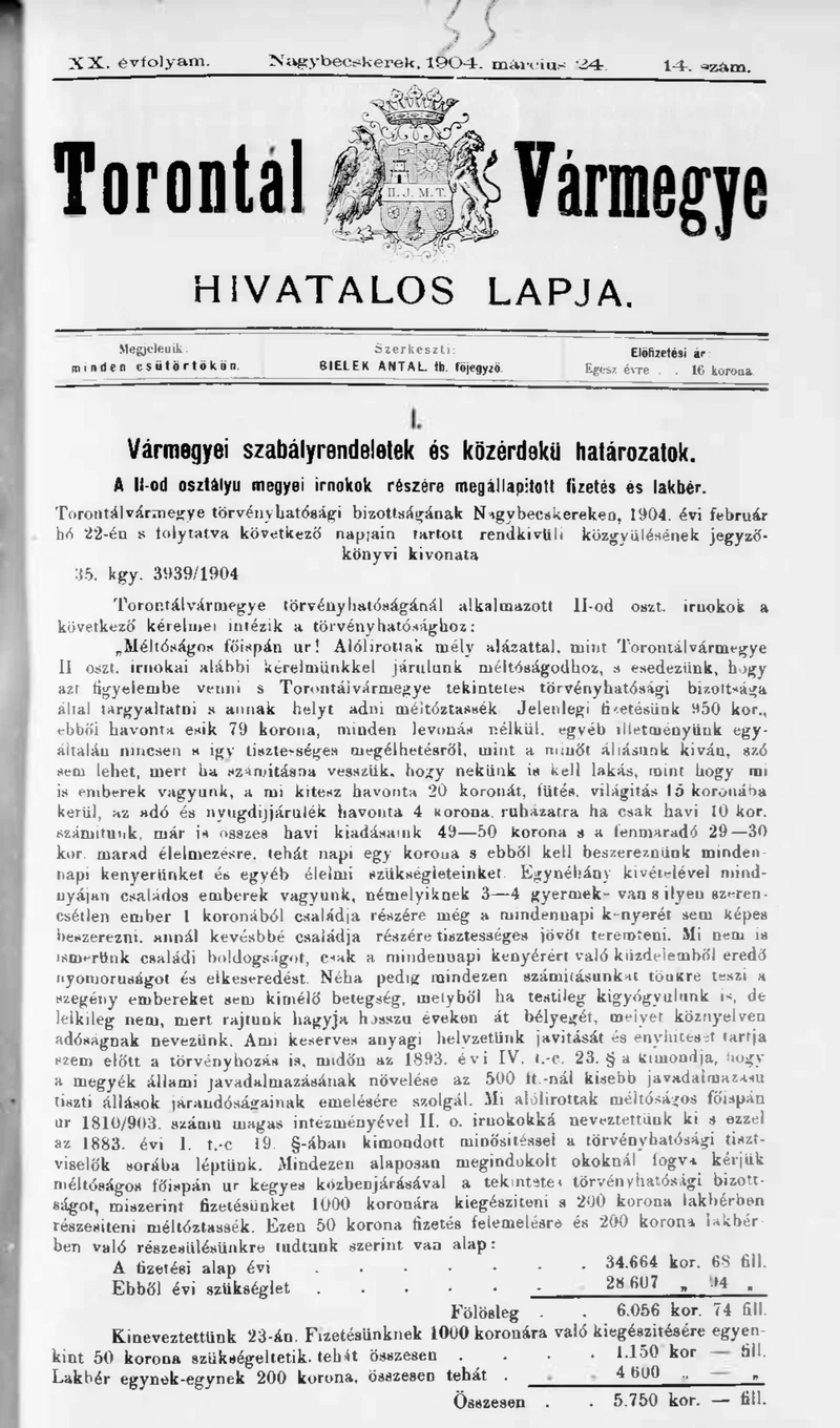 Torontál Vármegye Hivatalos Lapja, 20. évf. 1904. március 24. 14. sz.