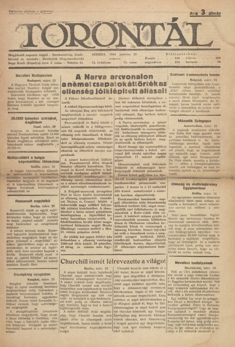 Torontál, 73. évf. 1944. március 29. 71. sz.