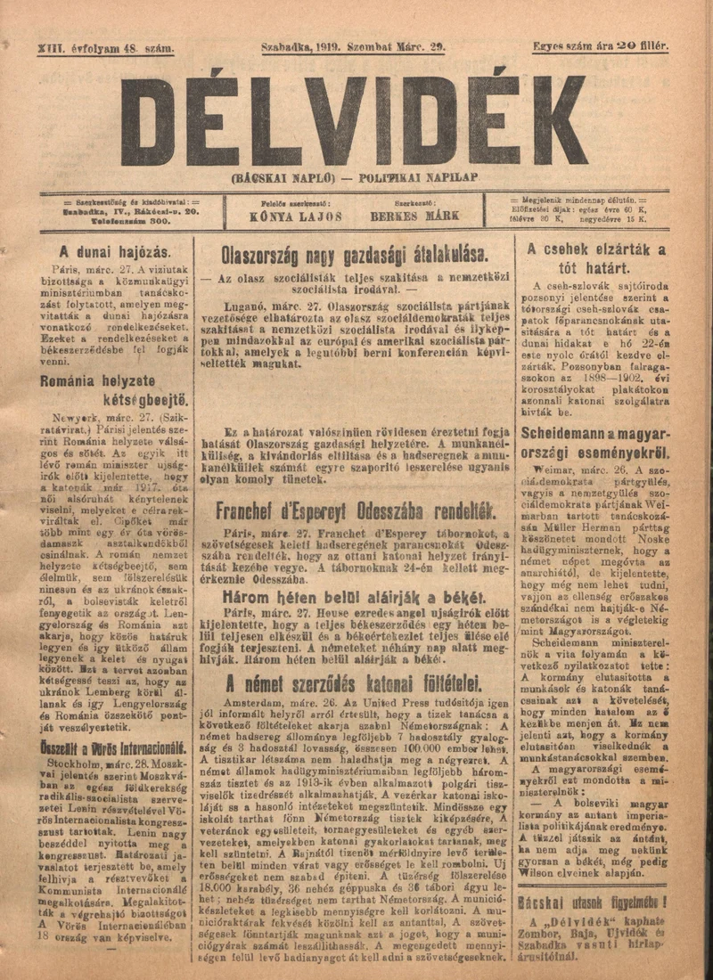 Délvidék, 13. évf. 1919. március 29. 48. sz.