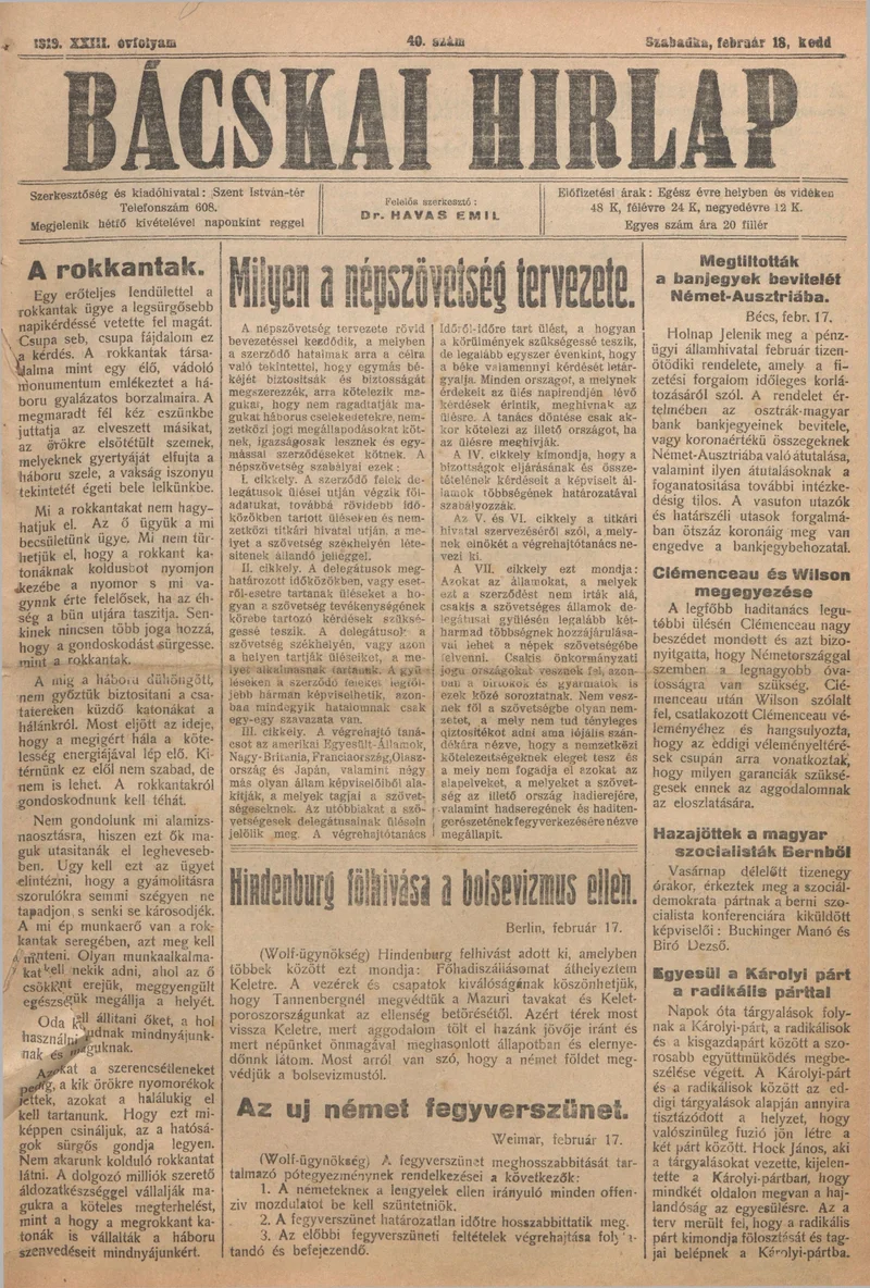 Bácskai Hirlap, 23. évf. 1919. február 18. 40. sz.