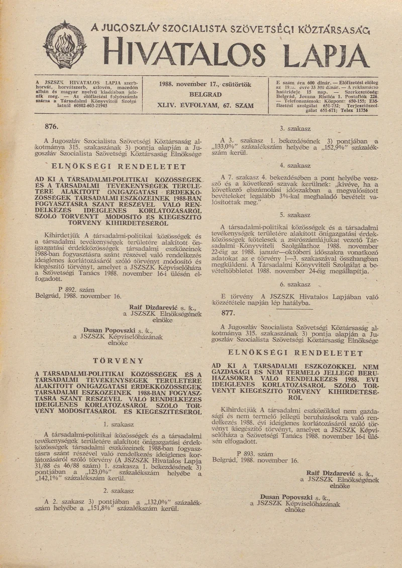 A Jugoszláv Szocialista Szövetségi Köztársaság Hivatalos Lapja, 44. évf. 1988. november 17. 67. sz. 1701–1704. oldal