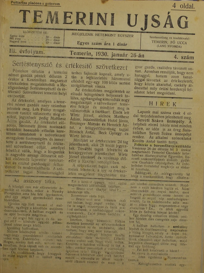 Temerini Újság 1928-1944, 3. évf. 1930. január 26. 4. sz.