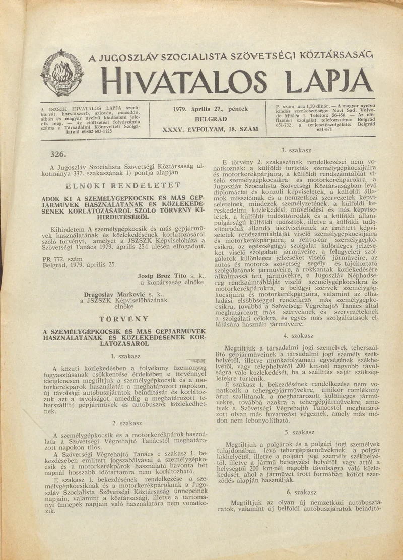 A Jugoszláv Szocialista Szövetségi Köztársaság Hivatalos Lapja, 35. évf. 1979. április 27. 18. sz. 621–624. oldal